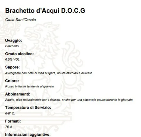 Brachetto d'Acqui DOCG 75 cl Casa Sant'Orsola