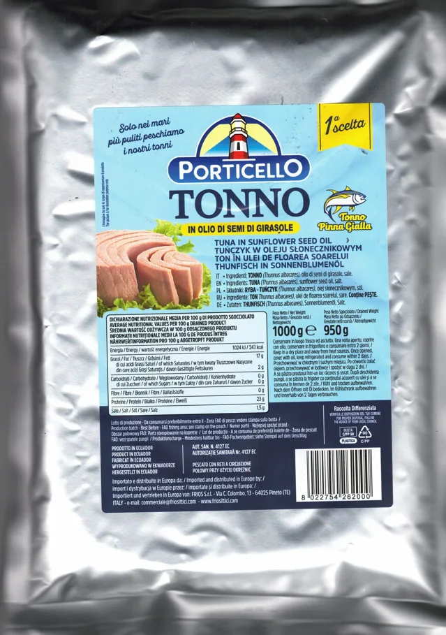 Tonno in olio di girasole busta 1000 g Porticello