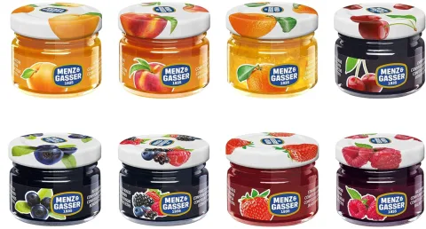 Marmellatine Extra Monodose Assortite – 96 Pezzi x 28 Grammi IN VETRO Menz&gasser